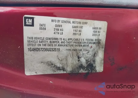 2006 Buick Lucerne из США, поврежденный, VIN 1G4HD57236U232519